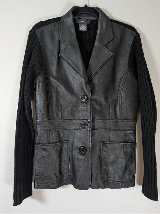 George Jackets & Blazers - Vintage George Black Leather Blazer with Knit Sleeves Y2K